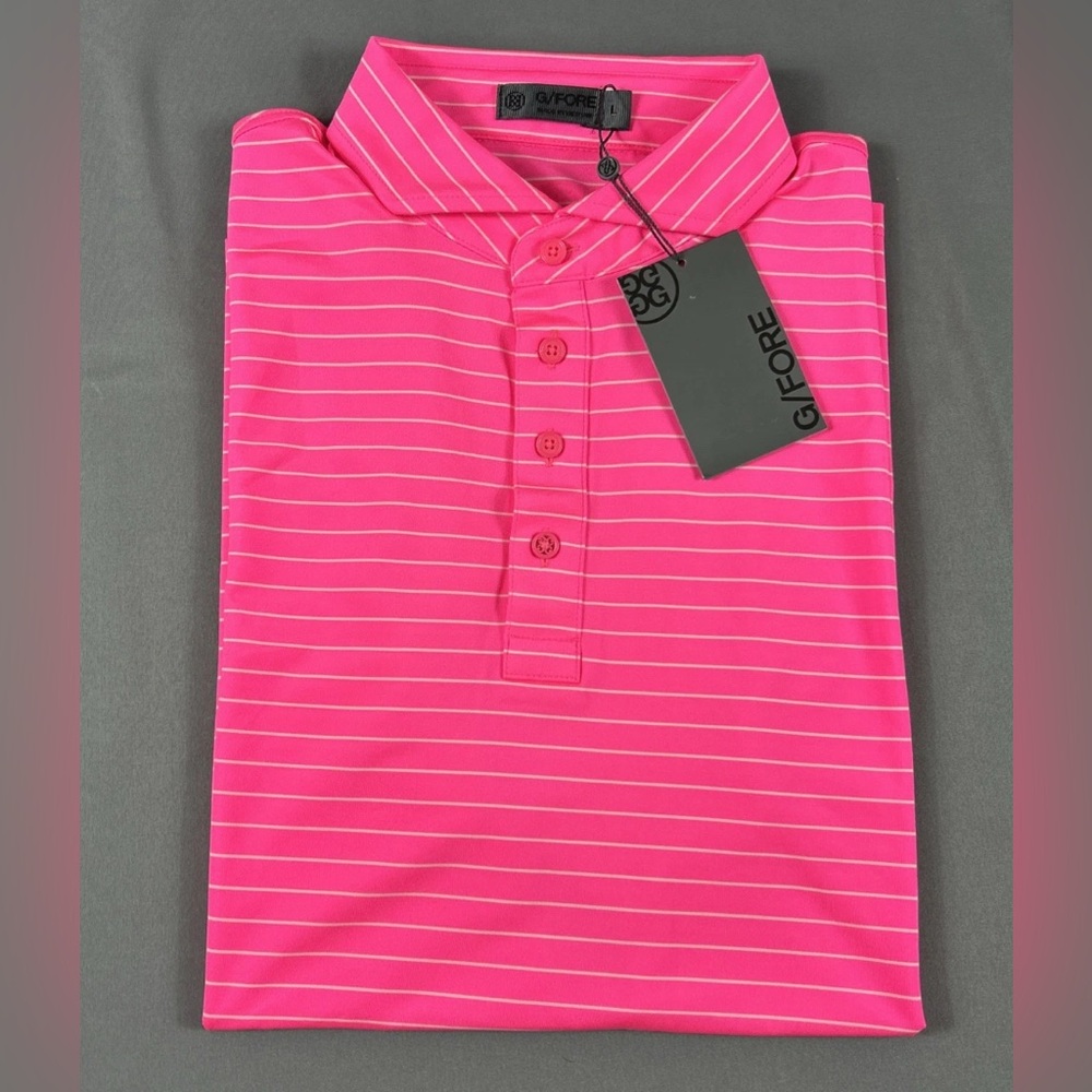 G/FORE G4 Golf Shirt Polo Sleeve Logo Striped Large Pink Polyester Spandex